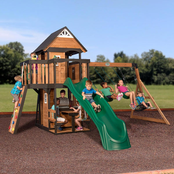 Backyard Discovery Canyon Creek Cedar Wood Swing Set with Wave Slide, Clubhouse, Play Kitchen, Picnic Area, Swings and Rock Wall
